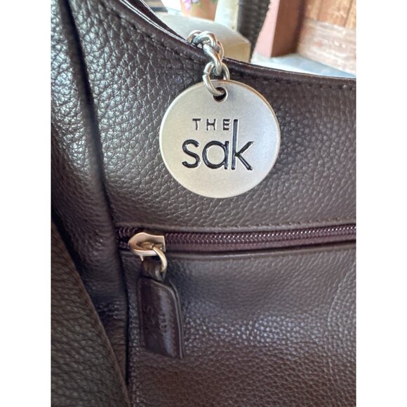 Vtg The Sak Pure Leather Pebbled Brown Shoulder Bag Purse Logo Charm Hobo Y2K - Picture 5 of 13